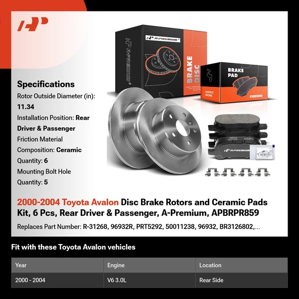 2000-2004 Toyota Avalon Disc Brake Rotors and Ceramic Pads Kit, 6 Pcs, Rear Driver & Passenger, A-Premium, APBRPR859