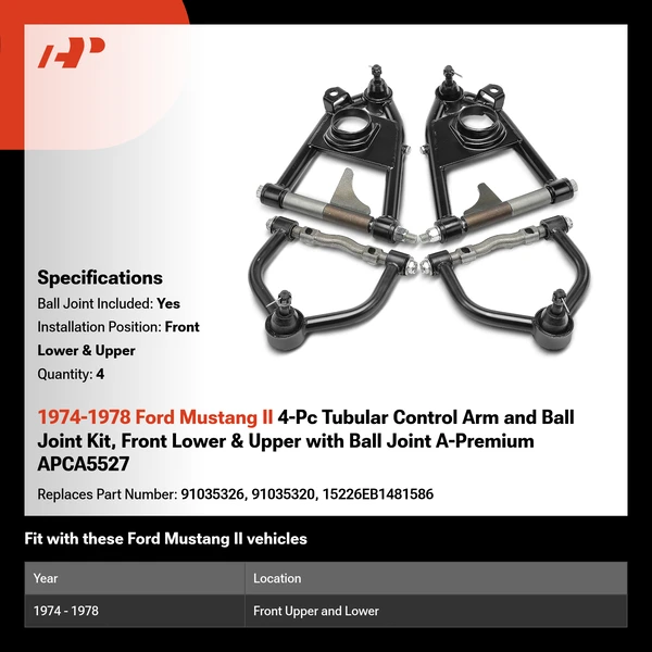 1974-1978 Ford Mustang II 4-Pc Tubular Control Arm and Ball Joint Kit, Front Lower & Upper with Ball Joint A-Premium APCA5527