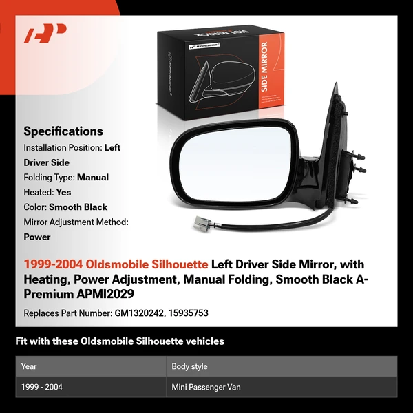 1999-2004 Oldsmobile Silhouette Left Driver Side Mirror, with Heating, Power Adjustment, Manual Folding, Smooth Black A-Premium APMI2029