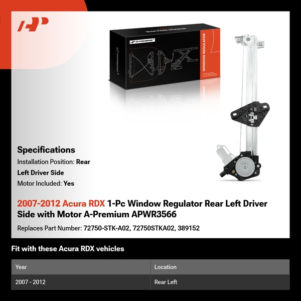 2007-2012 Acura RDX 1-Pc Window Regulator Rear Left Driver Side with Motor A-Premium APWR3566