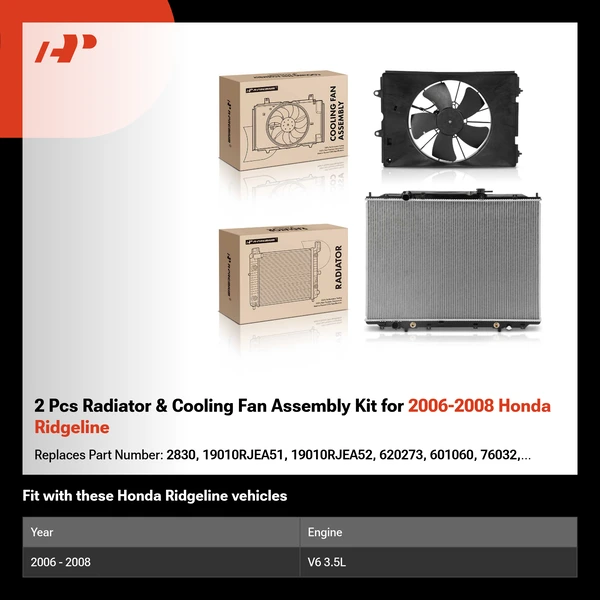 2 Pcs Radiator & Cooling Fan Assembly Kit for 2006-2008 Honda Ridgeline