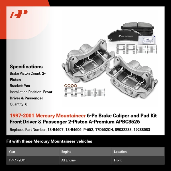 1997-2001 Mercury Mountaineer 6-Pc Brake Caliper and Pad Kit Front Driver & Passenger 2-Piston A-Premium APBC3526
