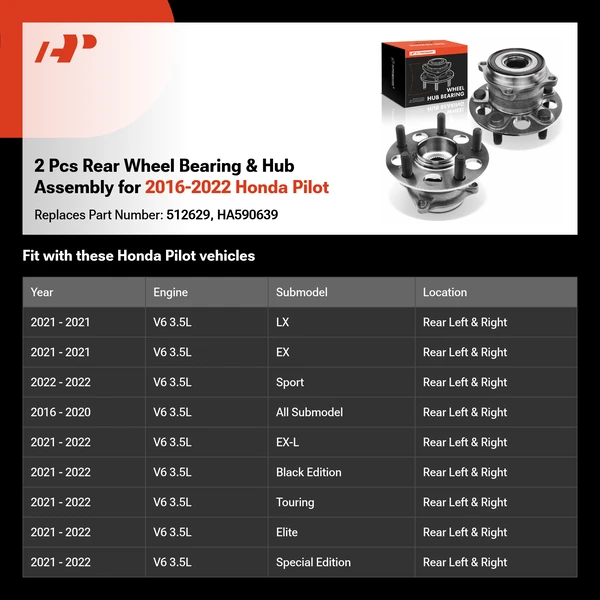 2 Pcs Rear Wheel Bearing & Hub Assembly for 2016-2022 Honda Pilot