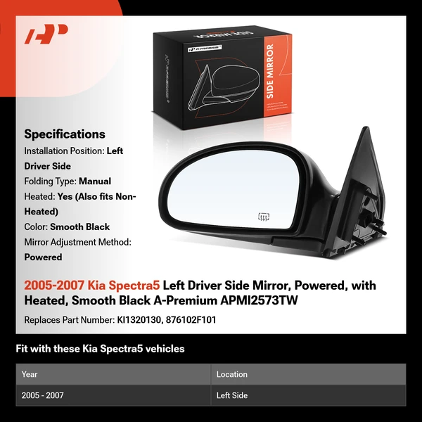 2005-2007 Kia Spectra5 Left Driver Side Mirror, Powered, with Heated, Smooth Black A-Premium APMI2573TW