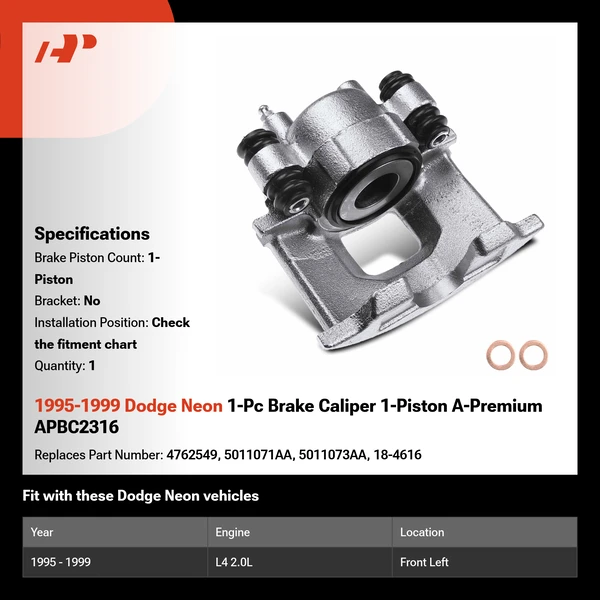 1995-1999 Dodge Neon 1-Pc Brake Caliper 1-Piston A-Premium APBC2316