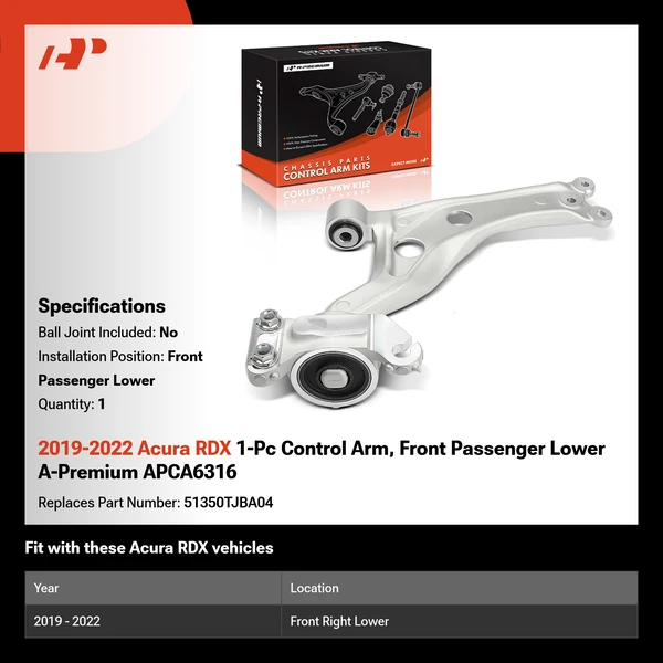 2019-2022 Acura RDX 1-Pc Control Arm, Front Passenger Lower A-Premium APCA6316
