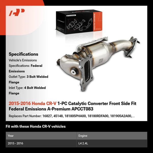 2015-2016 Honda CR-V 1-PC Catalytic Converter Front Side Fit Federal Emissions A-Premium APCCT083