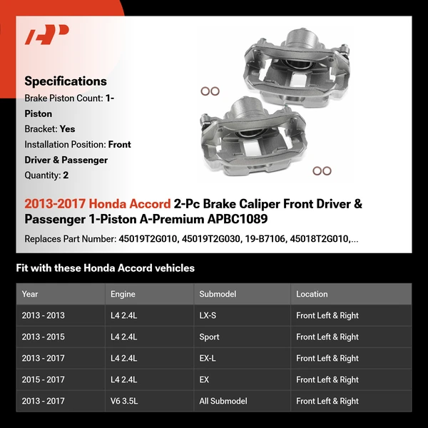 2013-2017 Honda Accord 2-Pc Brake Caliper Front Driver & Passenger 1-Piston A-Premium APBC1089