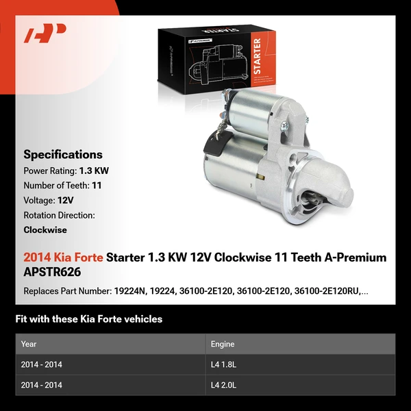2014 Kia Forte Starter 1.3 KW 12V Clockwise 11 Teeth A-Premium APSTR626