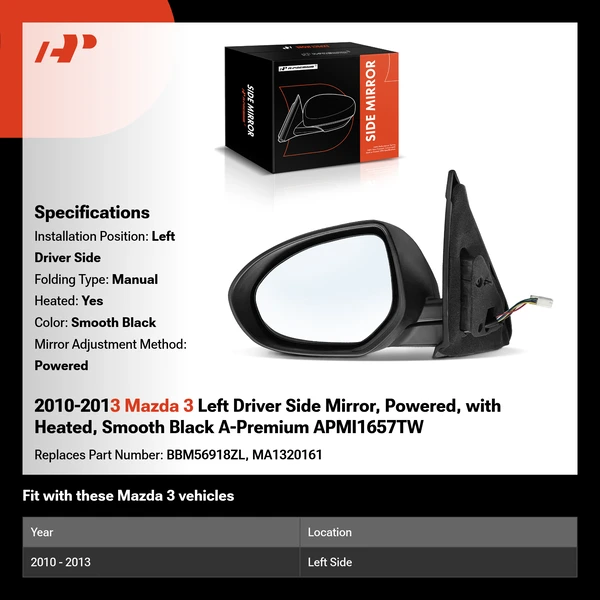 2010-2013 Mazda 3 Left Driver Side Mirror, Powered, with Heated, Smooth Black A-Premium APMI1657TW