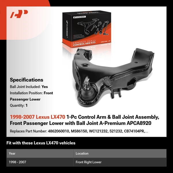 1998-2007 Lexus LX470 1-Pc Control Arm & Ball Joint Assembly, Front Passenger Lower with Ball Joint A-Premium APCA8920