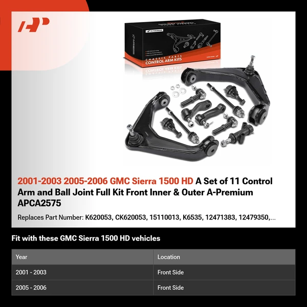 2001-2003 2005-2006 GMC Sierra 1500 HD A Set of 11 Control Arm and Ball Joint Full Kit Front Inner & Outer A-Premium APCA2575