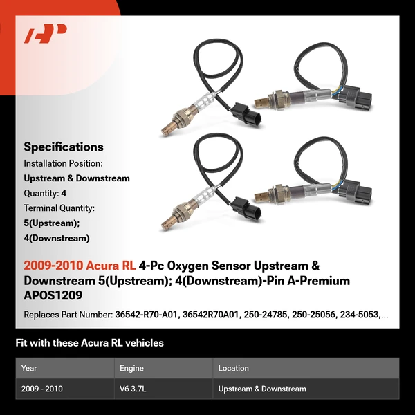 2009-2010 Acura RL 4-Pc Oxygen Sensor Upstream & Downstream 5(Upstream); 4(Downstream)-Pin A-Premium APOS1209