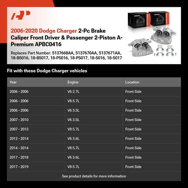 2006-2020 Dodge Charger 2-Pc Brake Caliper Front Driver & Passenger 2-Piston A-Premium APBC0416
