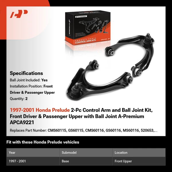 1997-2001 Honda Prelude 2-Pc Control Arm and Ball Joint Kit, Front Driver & Passenger Upper with Ball Joint A-Premium APCA9221