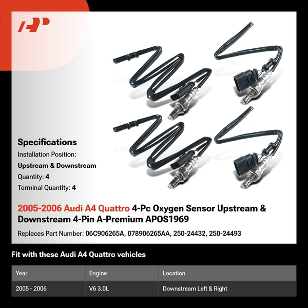 2005-2006 Audi A4 Quattro 4-Pc Oxygen Sensor Upstream & Downstream 4-Pin A-Premium APOS1969