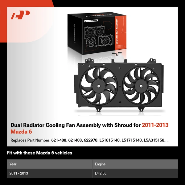 Dual Radiator Cooling Fan Assembly with Shroud for 2011-2013 Mazda 6
