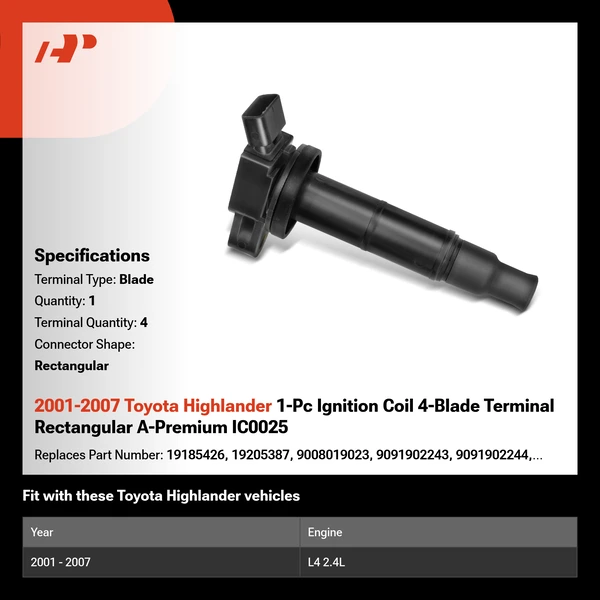 2001-2007 Toyota Highlander 1-Pc Ignition Coil 4-Blade Terminal Rectangular A-Premium IC0025