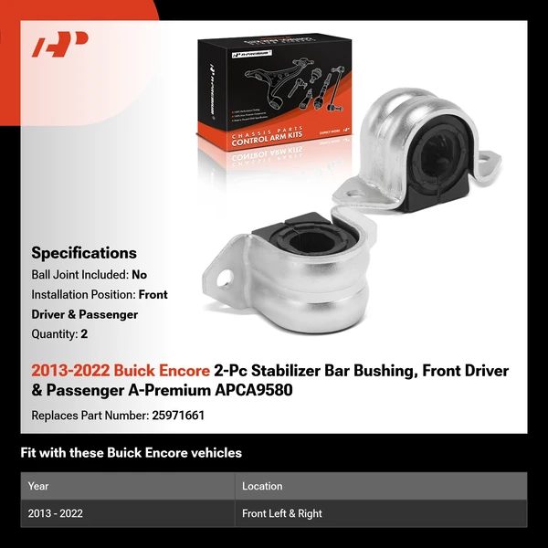 2013-2022 Buick Encore 2-Pc Stabilizer Bar Bushing, Front Driver & Passenger A-Premium APCA9580