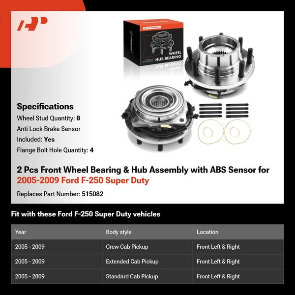 2 Pcs Front Wheel Bearing & Hub Assembly with ABS Sensor for 2005-2009 Ford F-250 Super Duty
