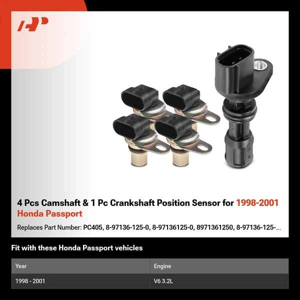 4 Pcs Camshaft & 1 Pc Crankshaft Position Sensor for 1998-2001 Honda Passport
