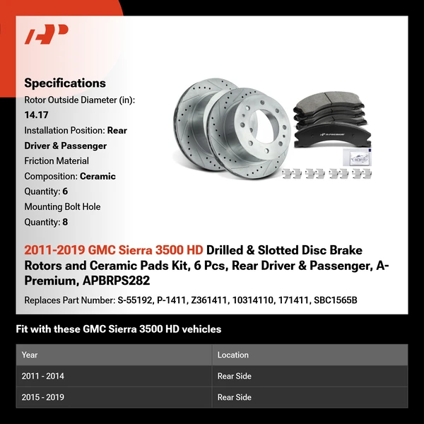 2011-2019 GMC Sierra 3500 HD Drilled & Slotted Disc Brake Rotors and Ceramic Pads Kit, 6 Pcs, Rear Driver & Passenger, A-Premium, APBRPS282