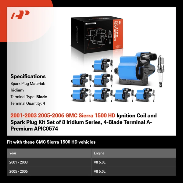 2001-2003 2005-2006 GMC Sierra 1500 HD Ignition Coil and Spark Plug Kit Set of 8 Iridium Series, 4-Blade Terminal A-Premium APIC0574