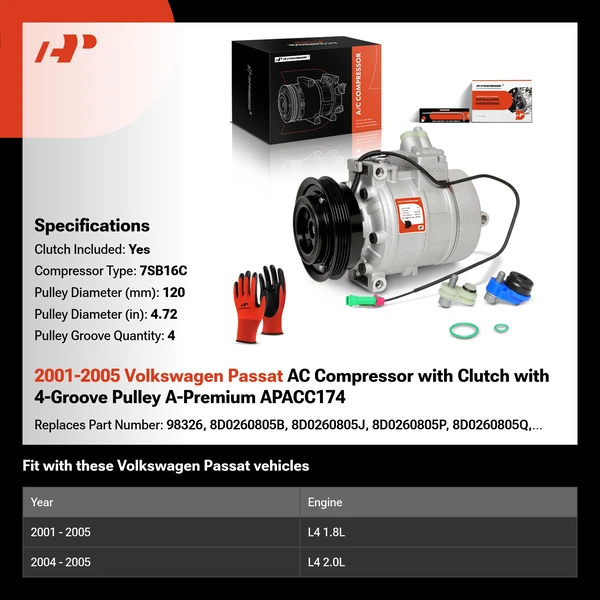 2001-2005 Volkswagen Passat AC Compressor with Clutch with 4-Groove Pulley A-Premium APACC174