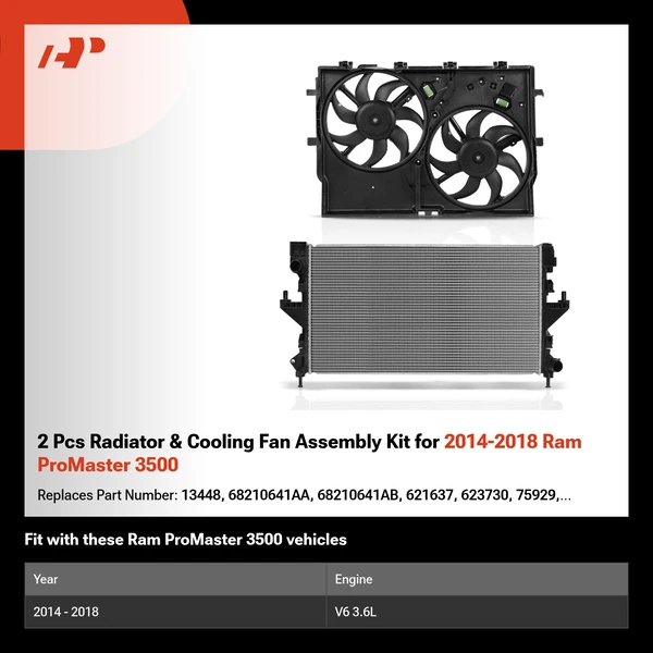 2 Pcs Radiator & Cooling Fan Assembly Kit for 2014-2018 Ram ProMaster 3500