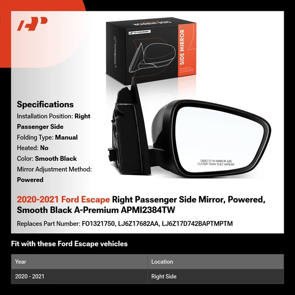 2020-2021 Ford Escape Right Passenger Side Mirror, Powered, Smooth Black A-Premium APMI2384TW