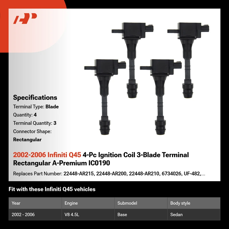 2002-2006 Infiniti Q45 4-Pc Ignition Coil 3-Blade Terminal Rectangular A-Premium IC0190