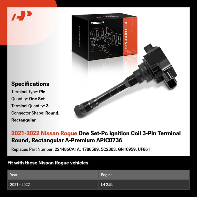 2021-2022 Nissan Rogue One Set-Pc Ignition Coil 3-Pin Terminal Round, Rectangular A-Premium APIC0736