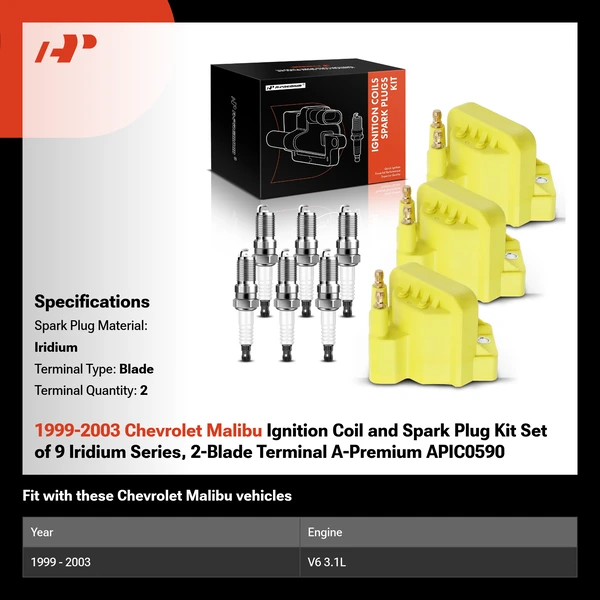 1999-2003 Chevrolet Malibu Ignition Coil and Spark Plug Kit Set of 9 Iridium Series, 2-Blade Terminal A-Premium APIC0590