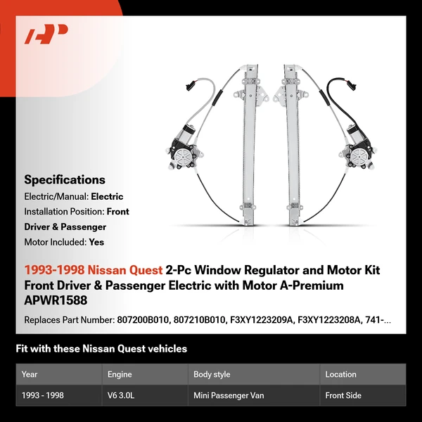 1993-1998 Nissan Quest 2-Pc Window Regulator and Motor Kit Front Driver & Passenger Electric with Motor A-Premium APWR1588