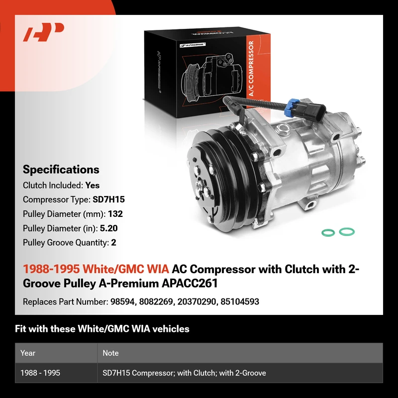 1988-1995 White/GMC WIA AC Compressor with Clutch with 2-Groove Pulley A-Premium APACC261