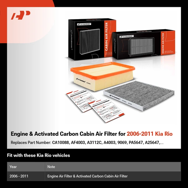 Engine & Activated Carbon Cabin Air Filter for 2006-2011 Kia Rio