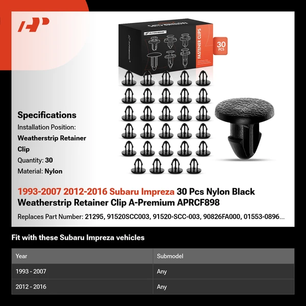 1993-2007 2012-2016 Subaru Impreza 30 Pcs Nylon Black Weatherstrip Retainer Clip A-Premium APRCF898