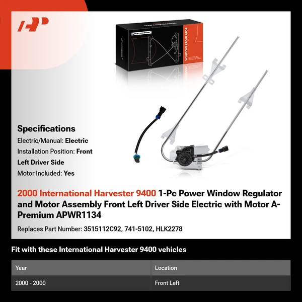 2000 International Harvester 9400 1-Pc Power Window Regulator and Motor Assembly Front Left Driver Side Electric with Motor A-Premium APWR1134