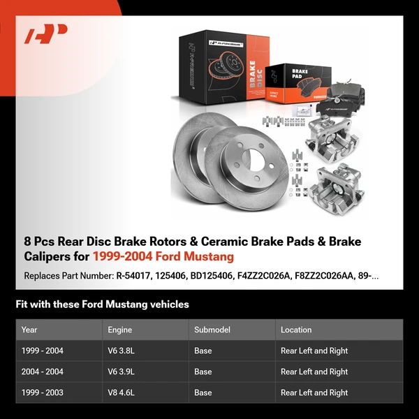 8 Pcs Rear Disc Brake Rotors & Ceramic Brake Pads & Brake Calipers for 1999-2004 Ford Mustang