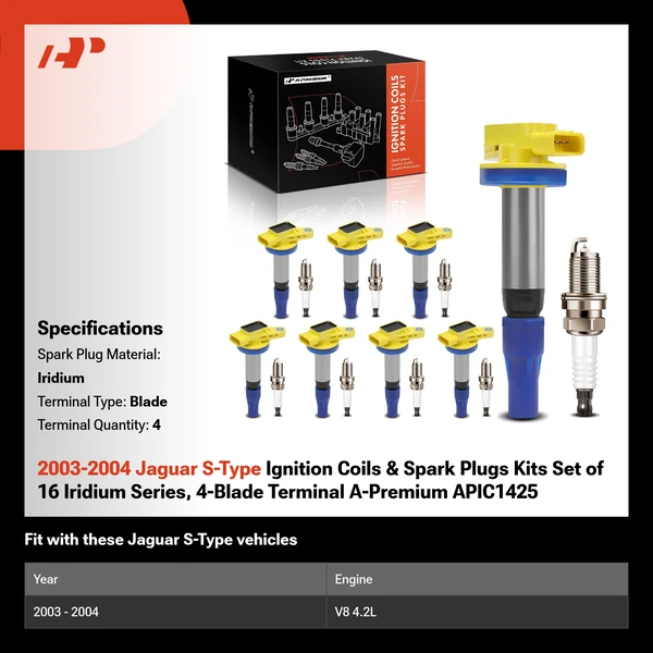 2003-2004 Jaguar S-Type Ignition Coils & Spark Plugs Kits Set of 16 Iridium Series, 4-Blade Terminal A-Premium APIC1425