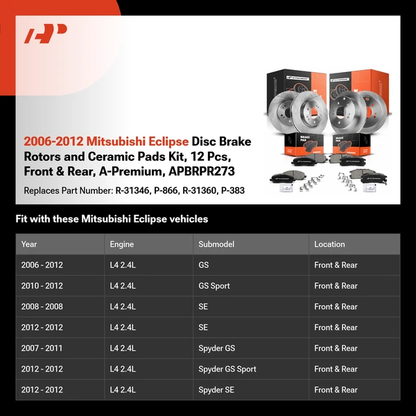 2006-2012 Mitsubishi Eclipse Disc Brake Rotors and Ceramic Pads Kit, 12 Pcs, Front & Rear, A-Premium, APBRPR273
