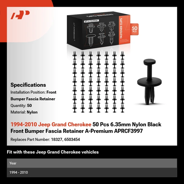 1994-2010 Jeep Grand Cherokee 50 Pcs 6.35mm Nylon Black Front Bumper Fascia Retainer A-Premium APRCF3997