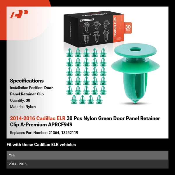2014-2016 Cadillac ELR 30 Pcs Nylon Green Door Panel Retainer Clip A-Premium APRCF949