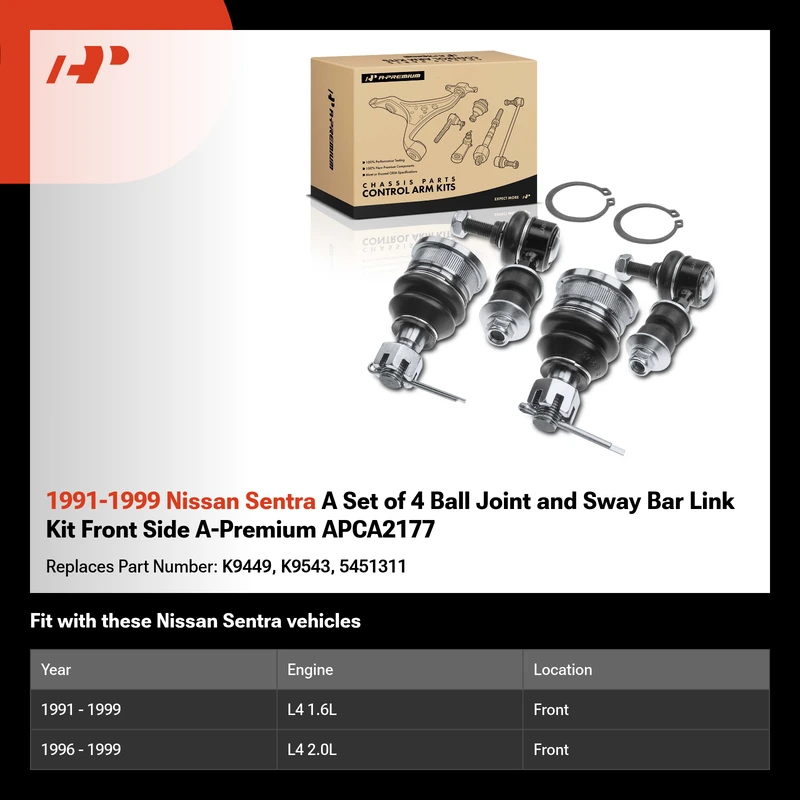 1991-1999 Nissan Sentra A Set of 4 Ball Joint and Sway Bar Link Kit Front Side A-Premium APCA2177