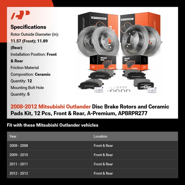 2008-2012 Mitsubishi Outlander Disc Brake Rotors and Ceramic Pads Kit, 12 Pcs, Front & Rear, A-Premium, APBRPR277