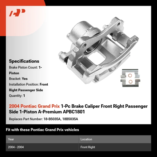 2004 Pontiac Grand Prix 1-Pc Brake Caliper Front Right Passenger Side 1-Piston A-Premium APBC1801