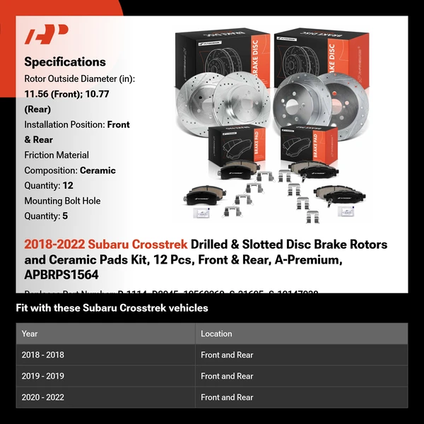 2018-2022 Subaru Crosstrek Drilled & Slotted Disc Brake Rotors and Ceramic Pads Kit, 12 Pcs, Front & Rear, A-Premium, APBRPS1564