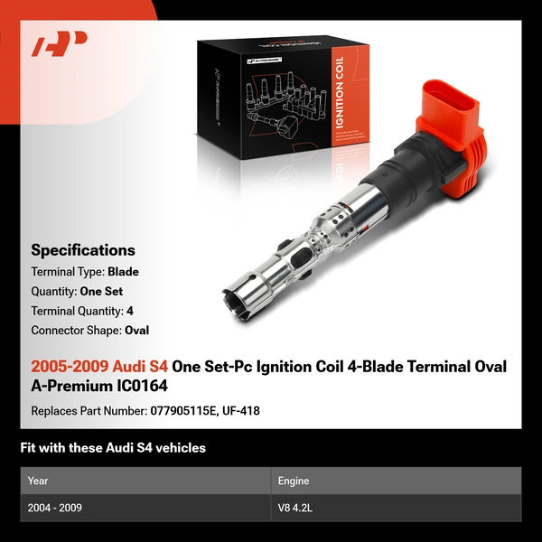 2005-2009 Audi S4 One Set-Pc Ignition Coil 4-Blade Terminal Oval A-Premium IC0164