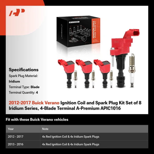 2012-2017 Buick Verano Ignition Coil and Spark Plug Kit Set of 8 Iridium Series, 4-Blade Terminal A-Premium APIC1016