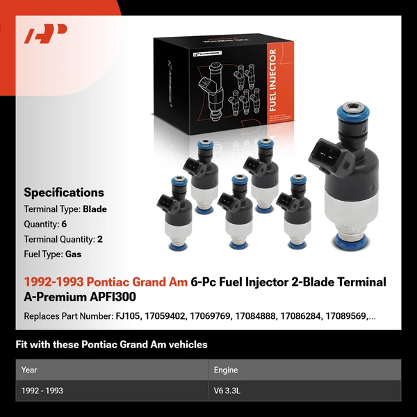 1992-1993 Pontiac Grand Am 6-Pc Fuel Injector 2-Blade Terminal A-Premium APFI300